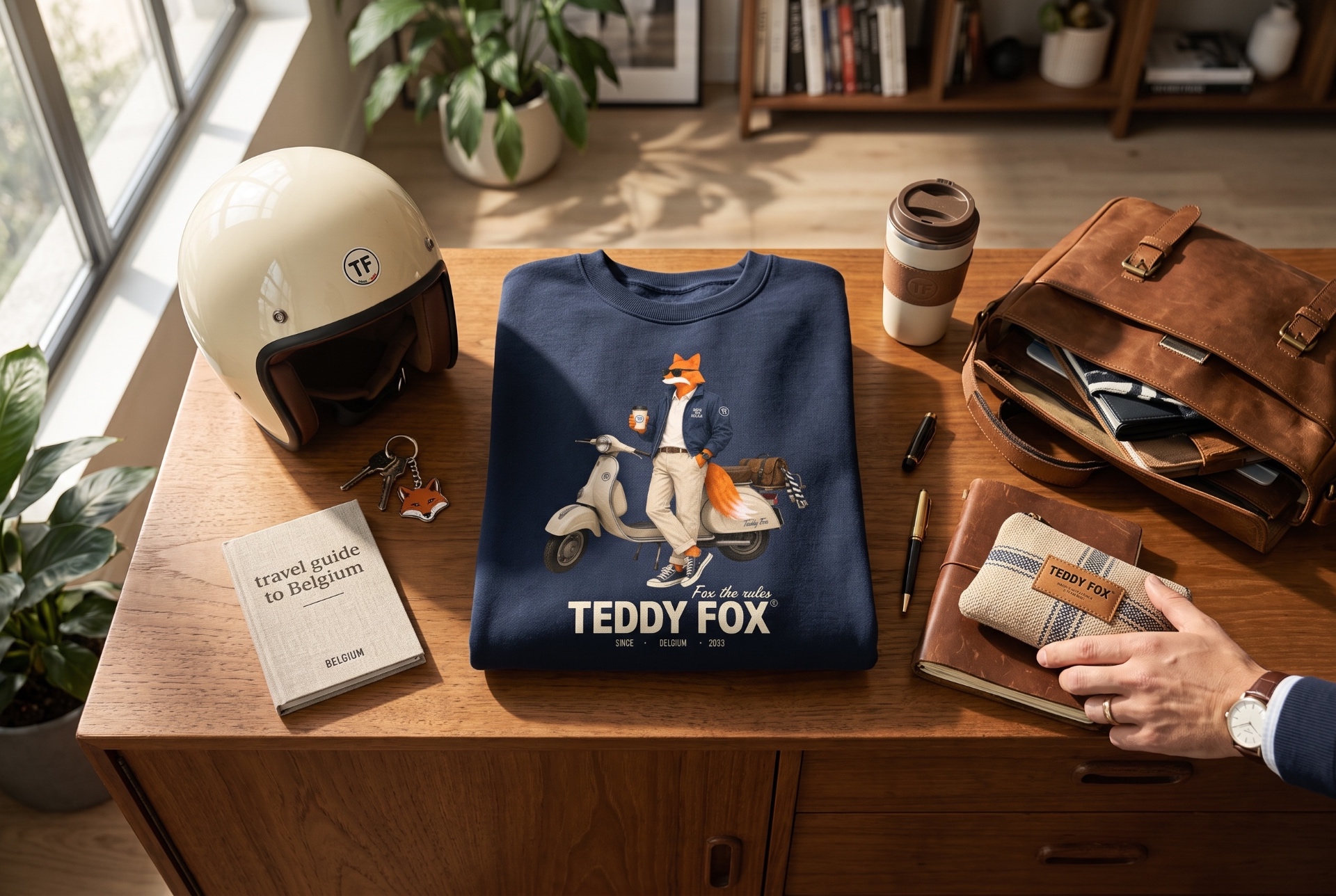 Sweat Teddy Fox Fox the Wave présenté avec un casque, un sac et des accessoires de voyage sur un bureau en bois