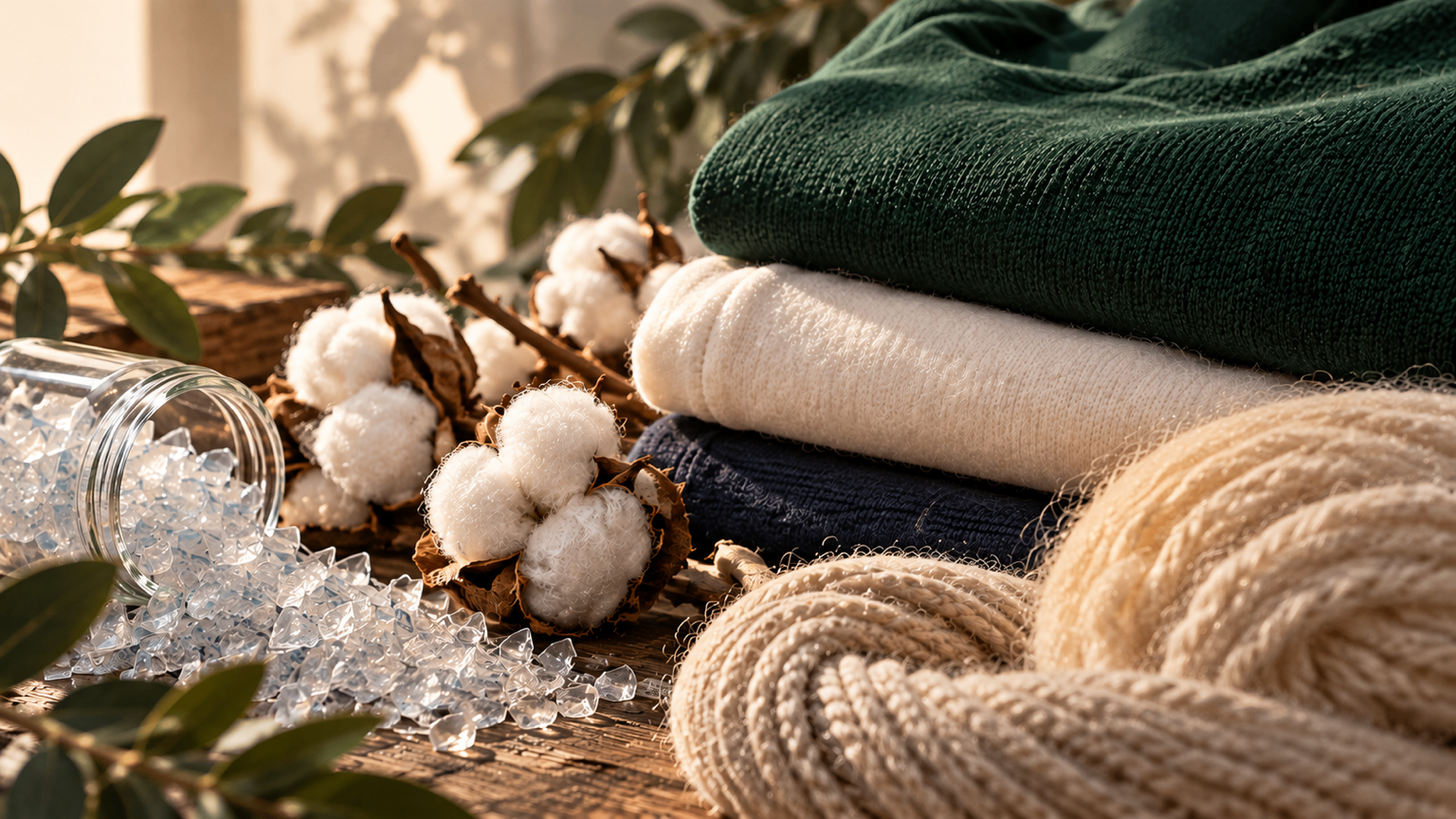 Matières Teddy Fox : coton bio, polyester recyclé et laine mérinos disposés avec soin