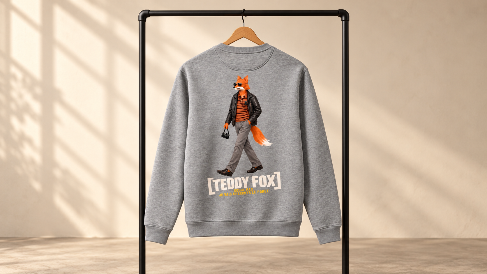 Sweat gris Teddy Fox sur cintre avec le renard en veste en cuir et le message [TEDDY FOX] dans le dos