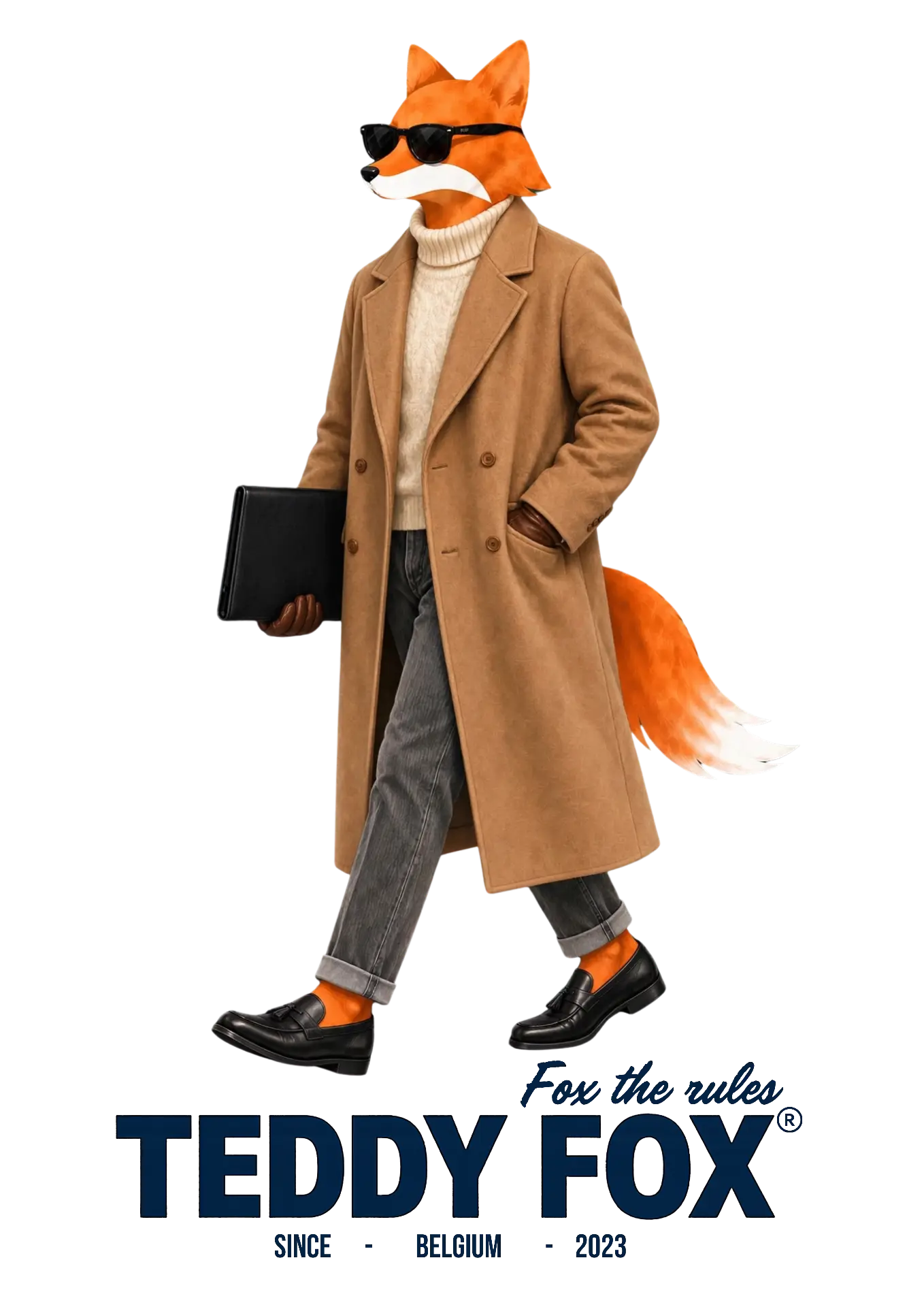 Illustration Teddy Fox : renard en manteau camel et col roulé crème, signature « Fox the rules »
