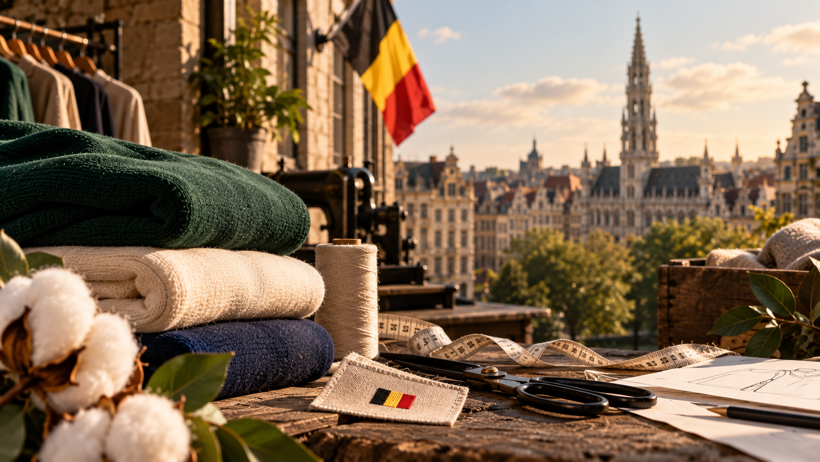 Atelier Teddy Fox : matières, outils de couture et drapeau belge avec la Grand-Place de Bruxelles en arrière-plan