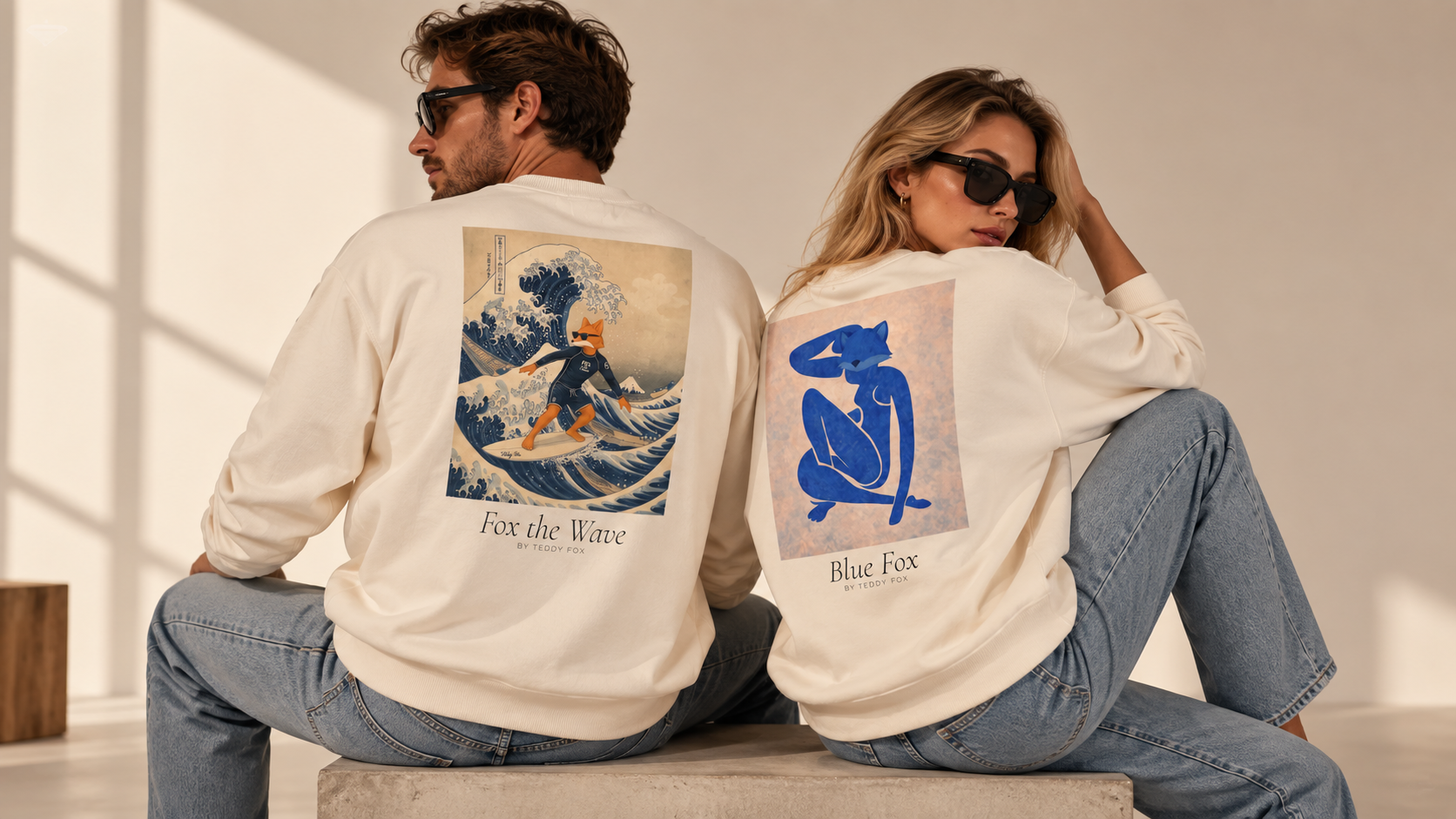 Deux mannequins portant les sweatshirts Collector Fox the Wave et Blue Fox