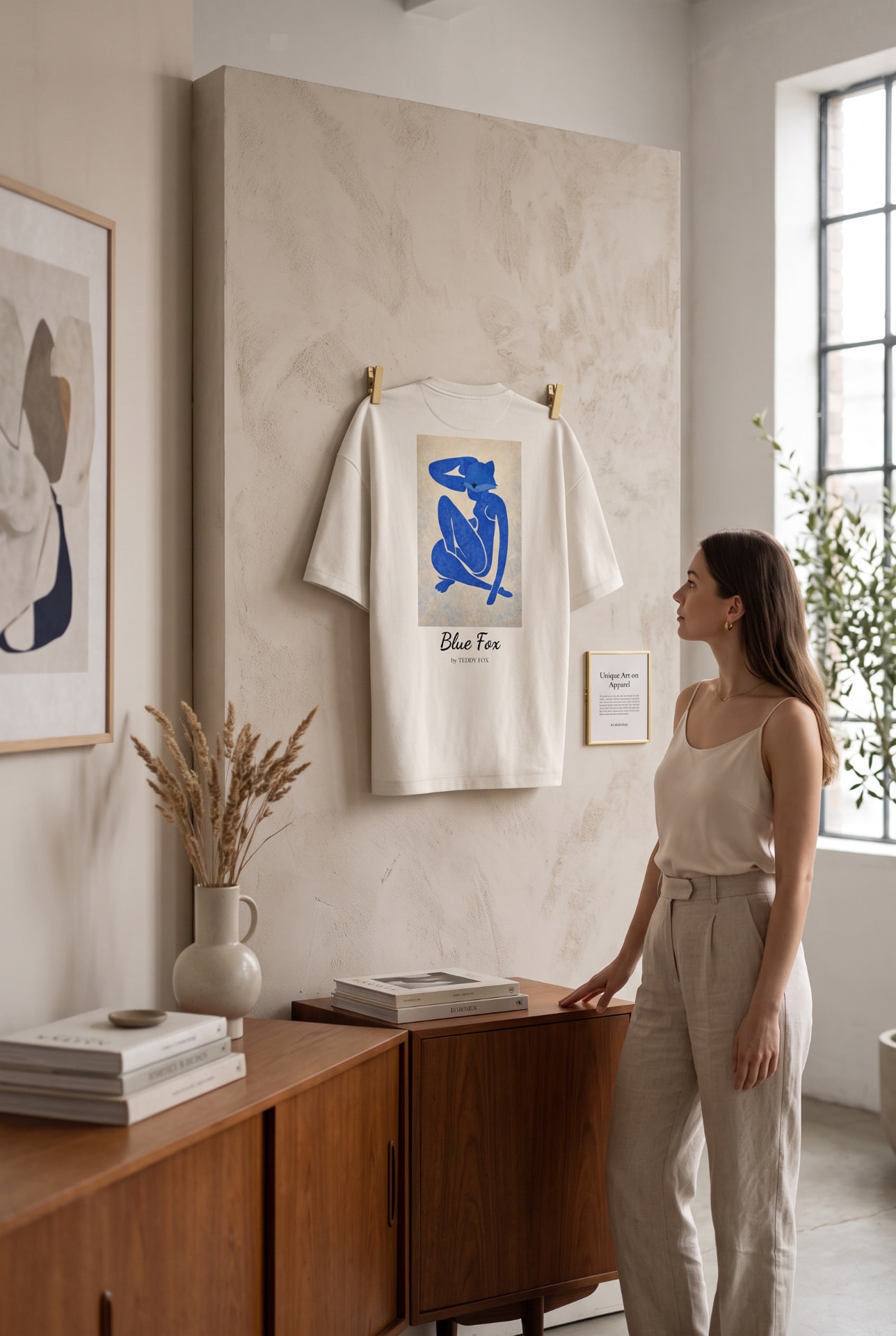 T-shirt Collector Blue Fox Teddy Fox exposé dans un intérieur d’art minimaliste