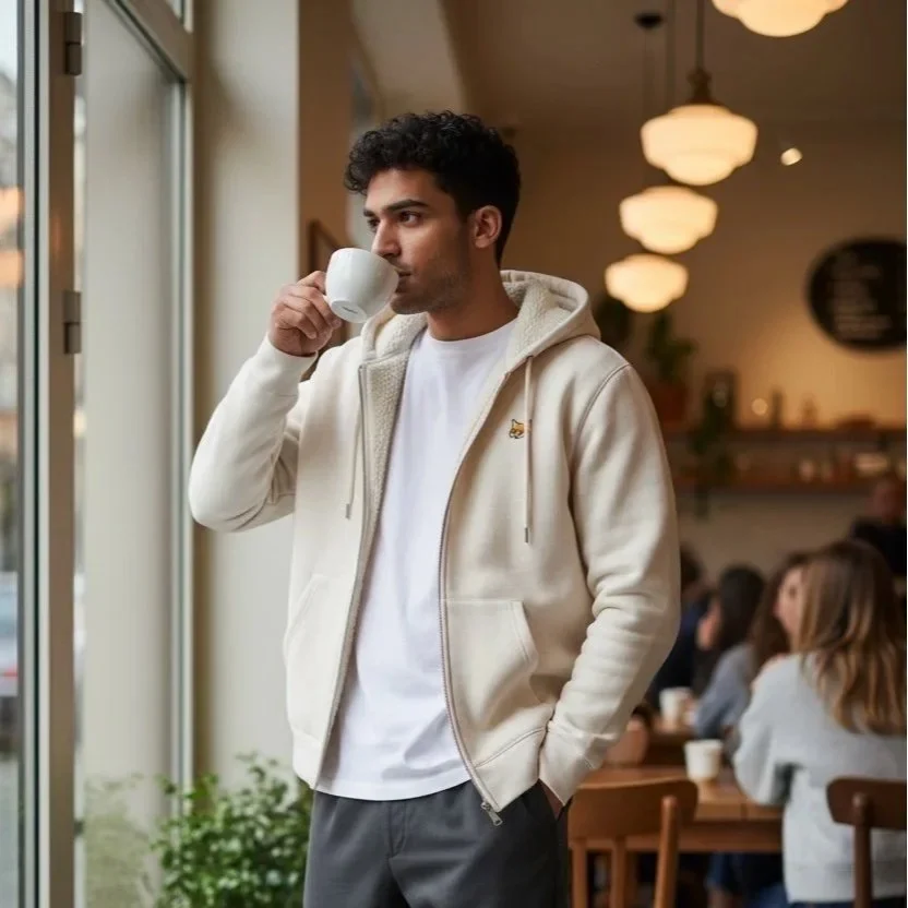 Hoodie zippé Teddy Fox à doublure sherpa écru porté dans un café