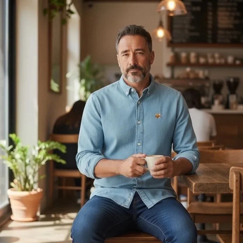 Chemise en denim Teddy Fox portée attablée dans un café