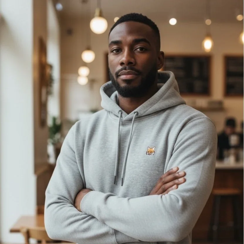 Hoodie Teddy Fox porté, capuche relevée, dans un intérieur chaleureux