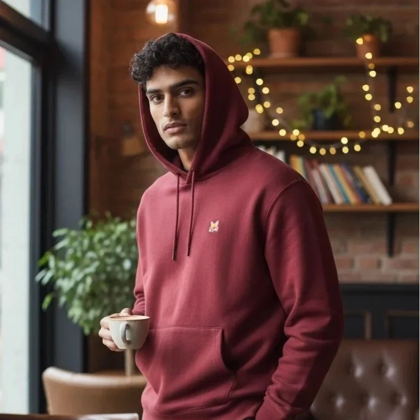 Hoodie Coeur Teddy Fox gris porté dans un café