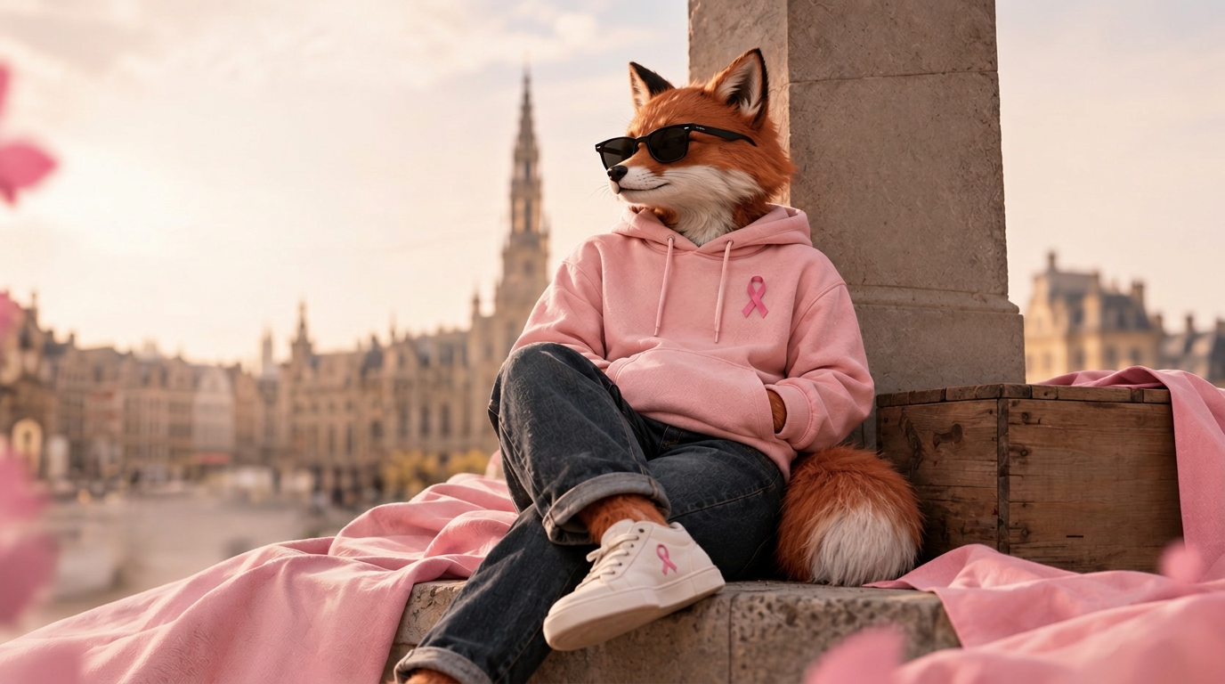 Le renard Teddy Fox porte un sweat rose devant la Grand-Place de Bruxelles