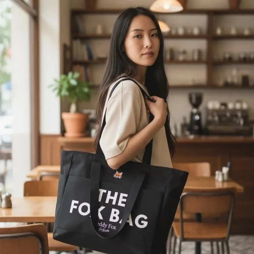 The Fox Bag, grand sac Teddy Fox noir porté à l’épaule